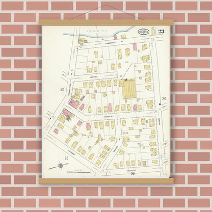 Old map wall art mockup — magnetic wood frame on brick wall — Sanborn Fire Insurance Map from Warren, Warren County, Pennsylvania (1912), Sheet #0023