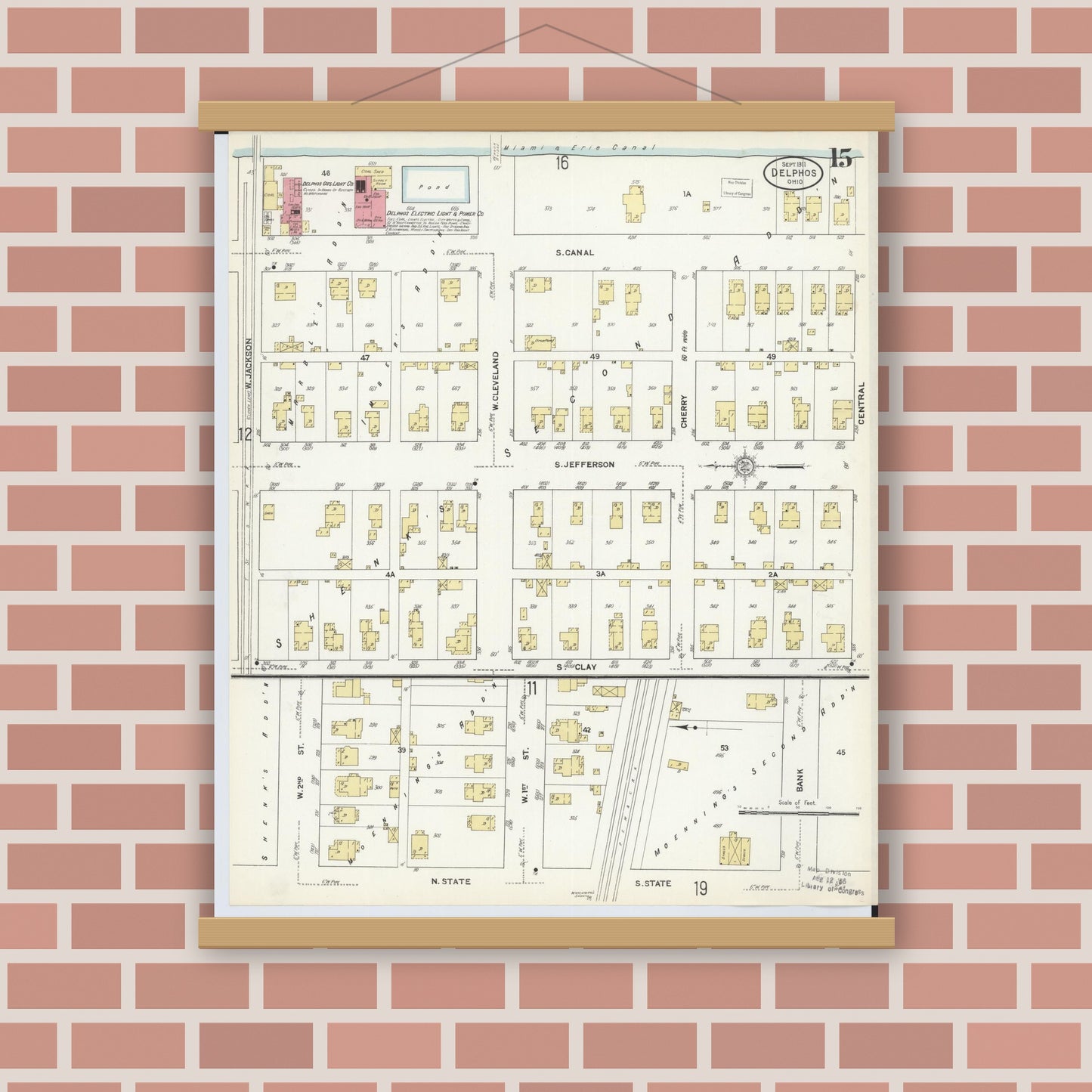 Old map wall art mockup — magnetic wood frame on brick wall — Sanborn Fire Insurance Map from Delphos, Van Wert And Allen Counties, Ohio (1911), Sheet #0015