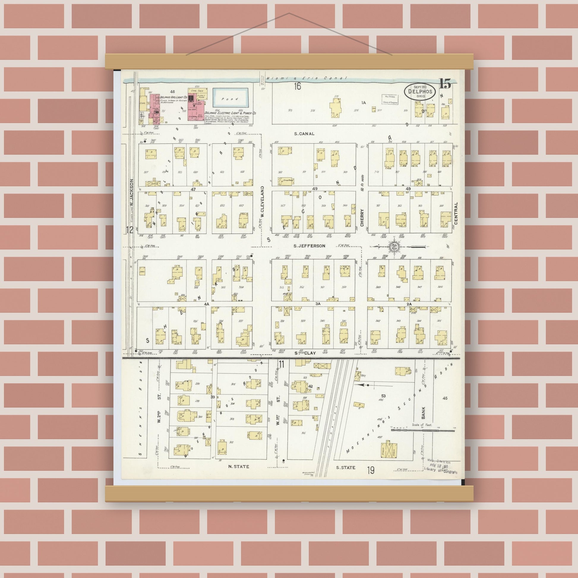 Old map wall art mockup — magnetic wood frame on brick wall — Sanborn Fire Insurance Map from Delphos, Van Wert And Allen Counties, Ohio (1911), Sheet #0015