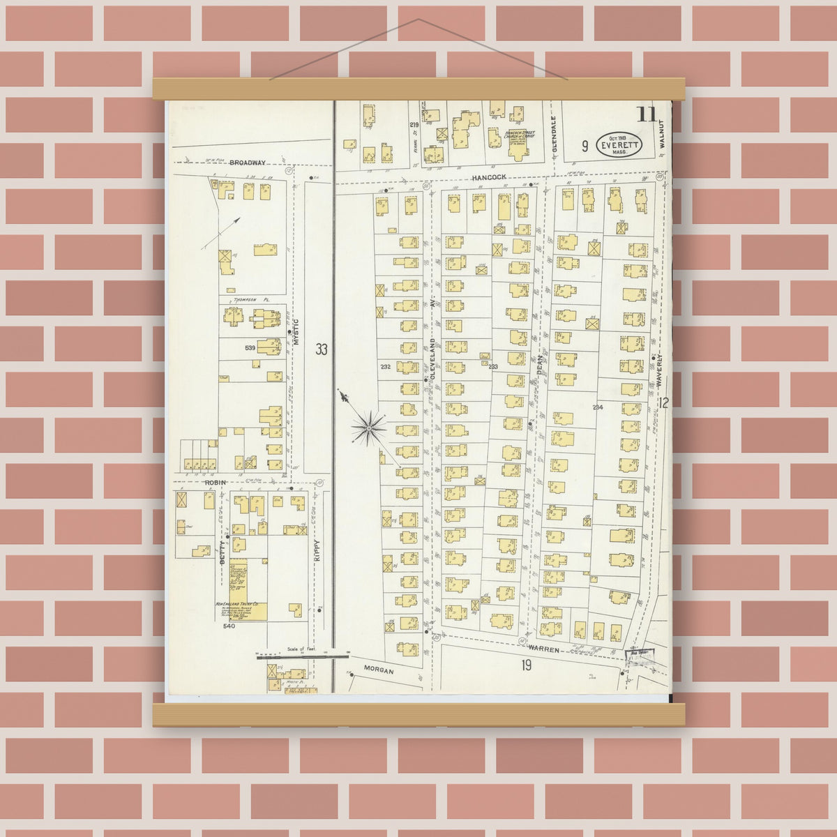 Old map wall art mockup — magnetic wood frame on brick wall — Sanborn Fire Insurance Map from Everett, Middlesex County, Massachusetts (1903), Sheet #0011