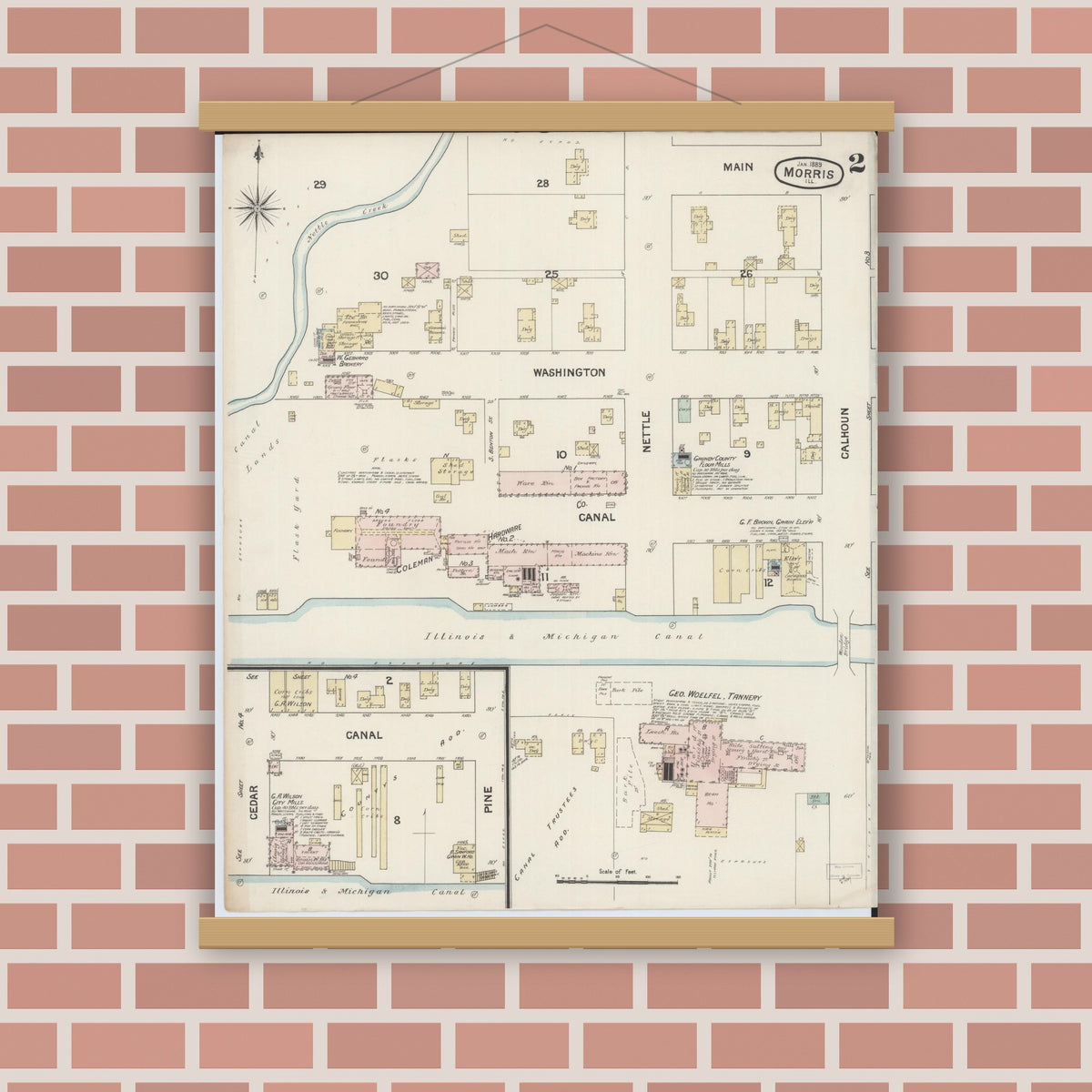 Old map wall art mockup — magnetic wood frame on brick wall — Sanborn Fire Insurance Map from Morris, Grundy County, Illinois (1889), Sheet #0002