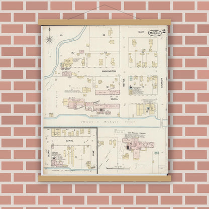 Old map wall art mockup — magnetic wood frame on brick wall — Sanborn Fire Insurance Map from Morris, Grundy County, Illinois (1889), Sheet #0002