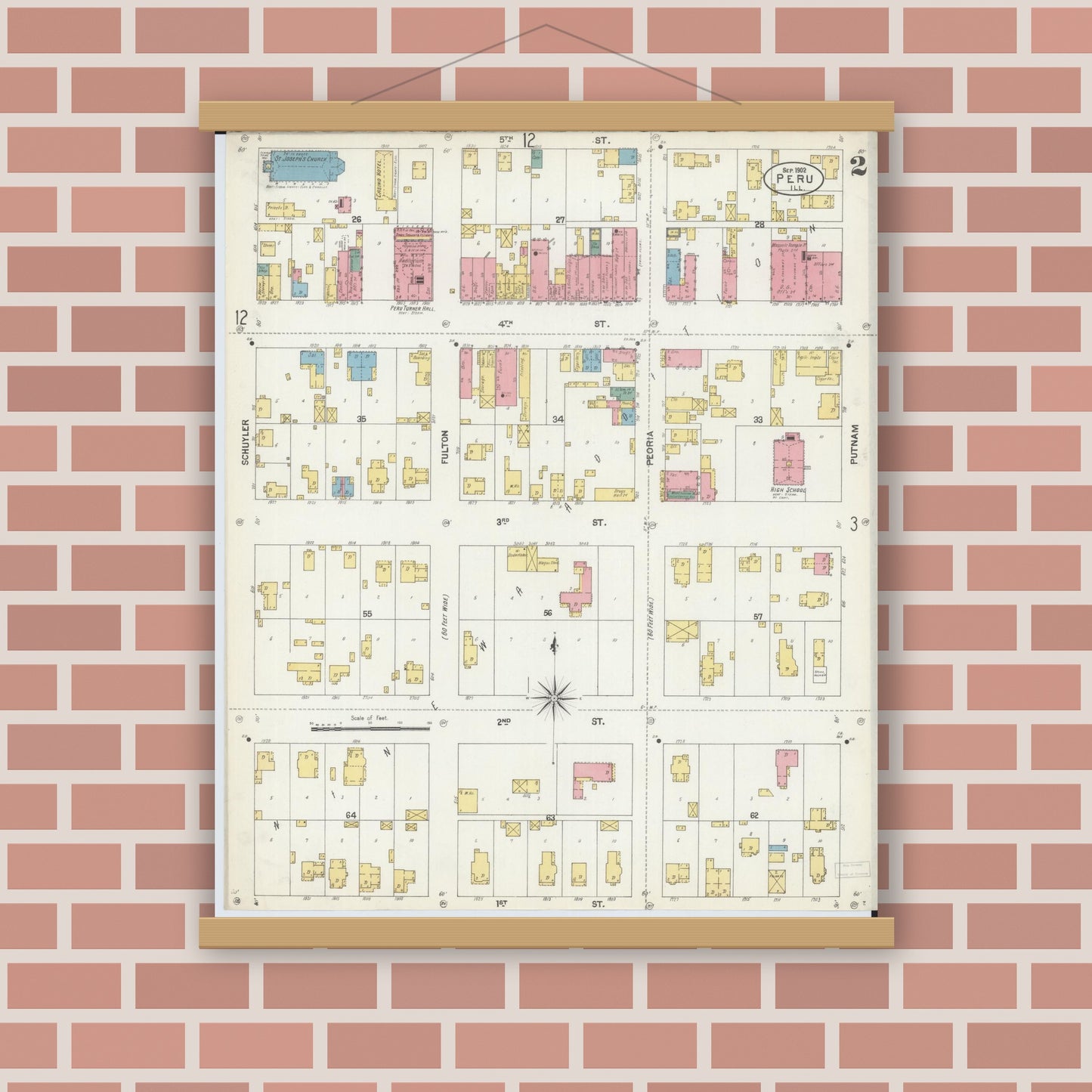 Old map wall art mockup — magnetic wood frame on brick wall — Sanborn Fire Insurance Map from Peru, La Salle County, Illinois (1902), Sheet #0002