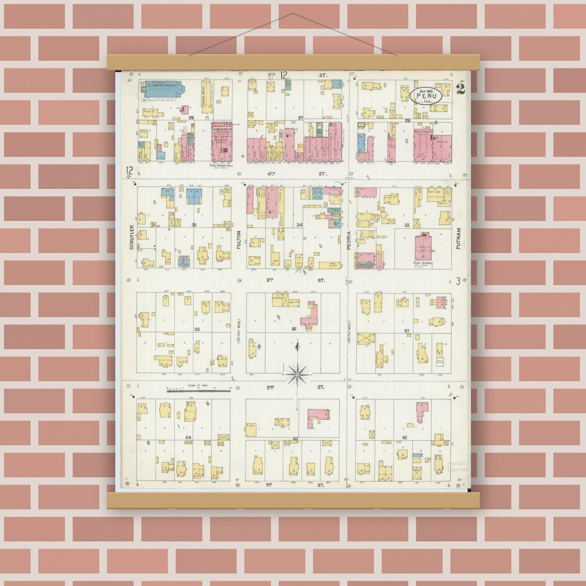 Old map wall art mockup — magnetic wood frame on brick wall — Sanborn Fire Insurance Map from Peru, La Salle County, Illinois (1902), Sheet #0002