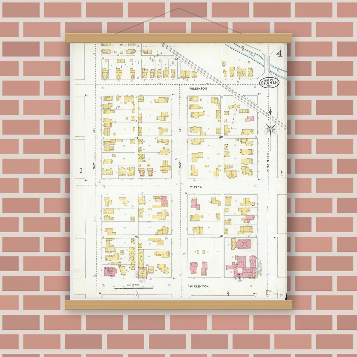 Old map wall art mockup — magnetic wood frame on brick wall — Sanborn Fire Insurance Map from Goshen, Elkhart County, Indiana (1905), Sheet #0004