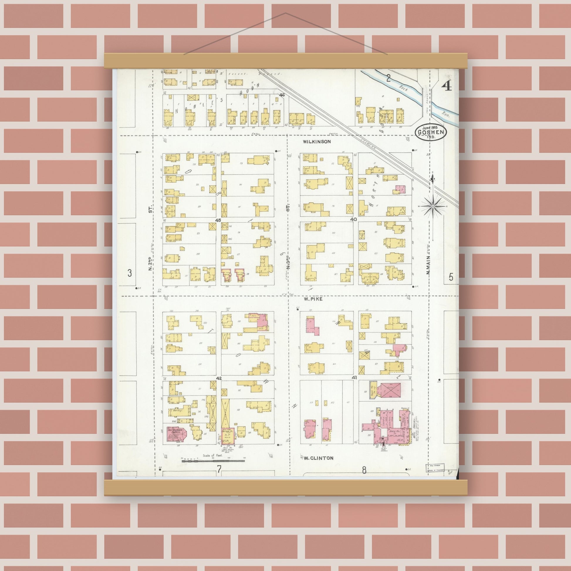 Old map wall art mockup — magnetic wood frame on brick wall — Sanborn Fire Insurance Map from Goshen, Elkhart County, Indiana (1905), Sheet #0004