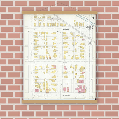 Old map wall art mockup — magnetic wood frame on brick wall — Sanborn Fire Insurance Map from Goshen, Elkhart County, Indiana (1905), Sheet #0004