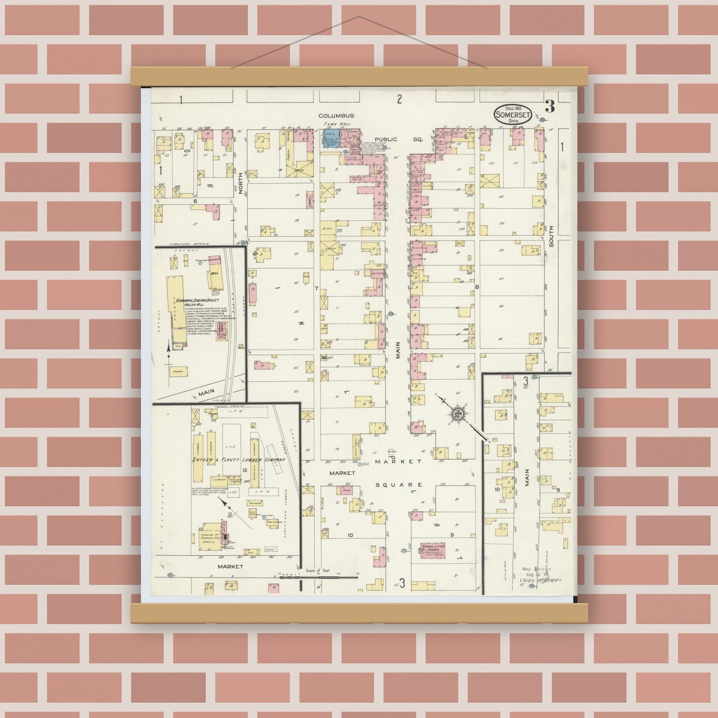 Old map wall art mockup — magnetic wood frame on brick wall — Sanborn Fire Insurance Map from Somerset, Perry County, Ohio (1913), Sheet #0003
