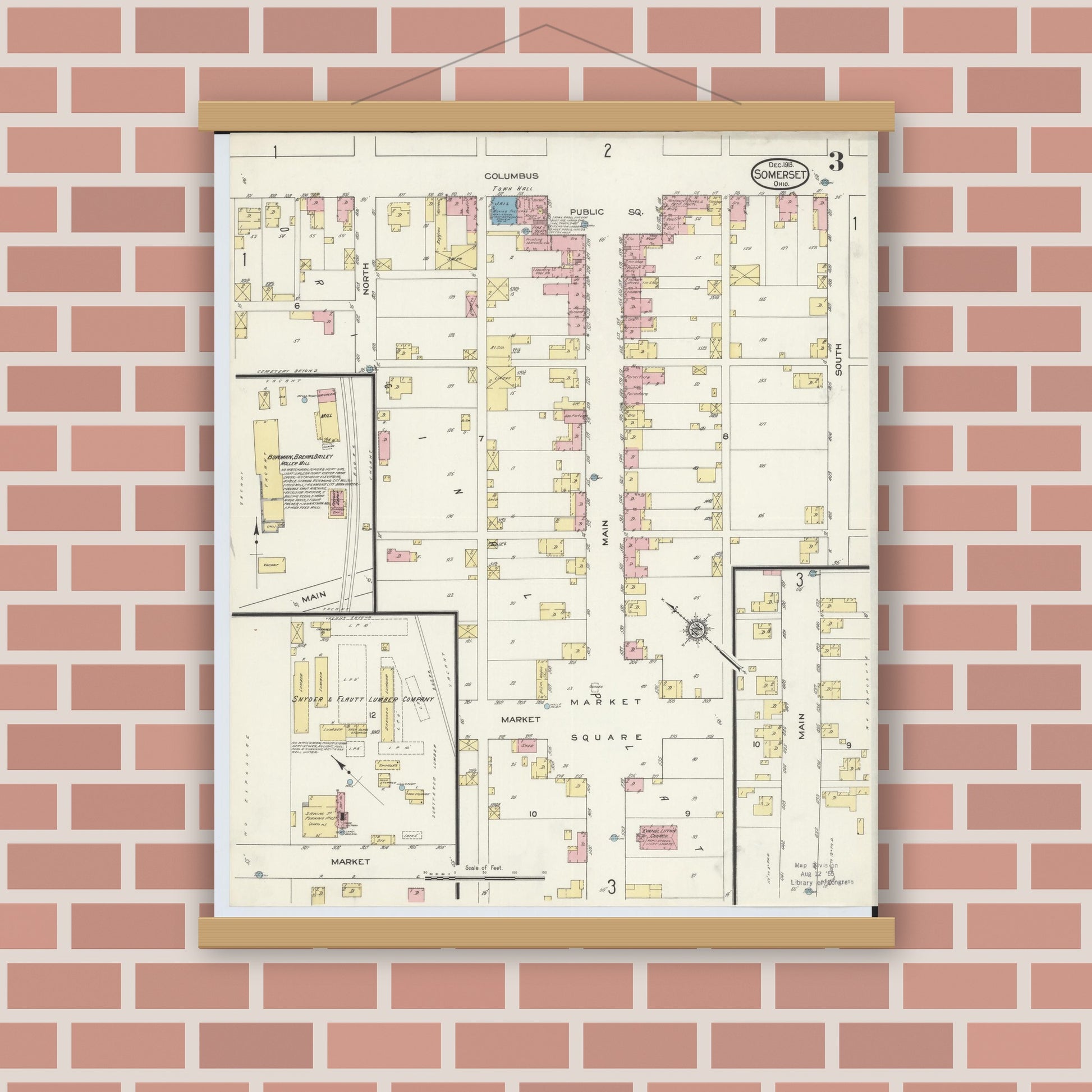Old map wall art mockup — magnetic wood frame on brick wall — Sanborn Fire Insurance Map from Somerset, Perry County, Ohio (1913), Sheet #0003