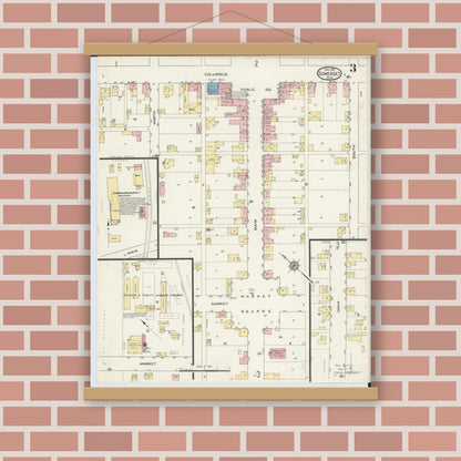 Old map wall art mockup — magnetic wood frame on brick wall — Sanborn Fire Insurance Map from Somerset, Perry County, Ohio (1913), Sheet #0003
