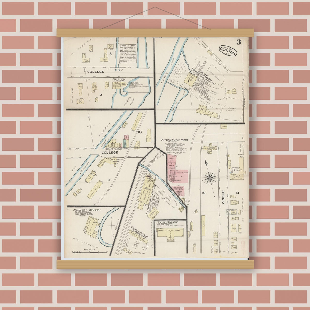 Old map wall art mockup — magnetic wood frame on brick wall — Sanborn Fire Insurance Map from Clinton, Oneida County, New York (1884), Sheet #0003