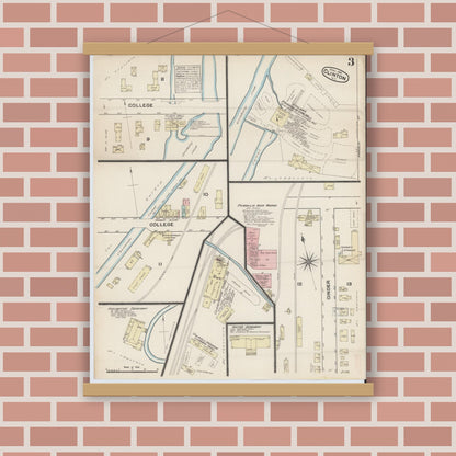 Old map wall art mockup — magnetic wood frame on brick wall — Sanborn Fire Insurance Map from Clinton, Oneida County, New York (1884), Sheet #0003