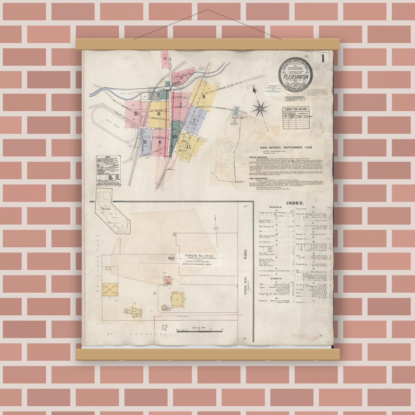 Old map wall art mockup — magnetic wood frame on brick wall — Sanborn Fire Insurance Map from Pleasanton, Alameda County, California (1943) - Complete Map Set