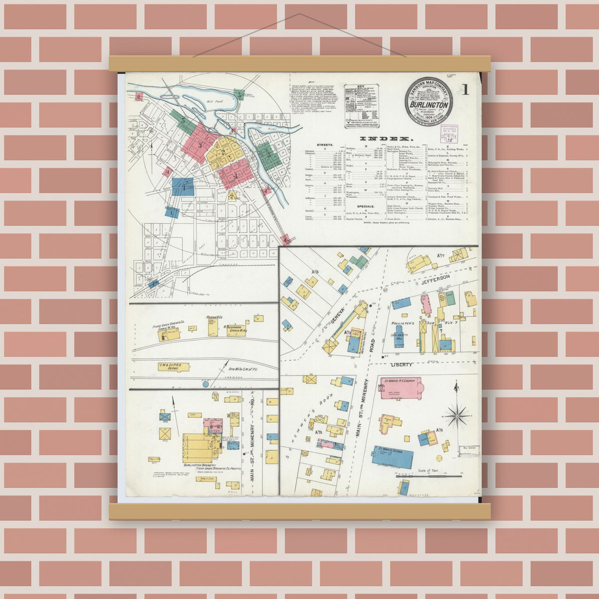 Old map wall art mockup — magnetic wood frame on brick wall — Sanborn Fire Insurance Map from Burlington, Racine County, Wisconsin (1904), Sheet #0001