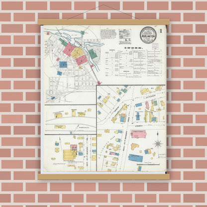 Old map wall art mockup — magnetic wood frame on brick wall — Sanborn Fire Insurance Map from Burlington, Racine County, Wisconsin (1904), Sheet #0001