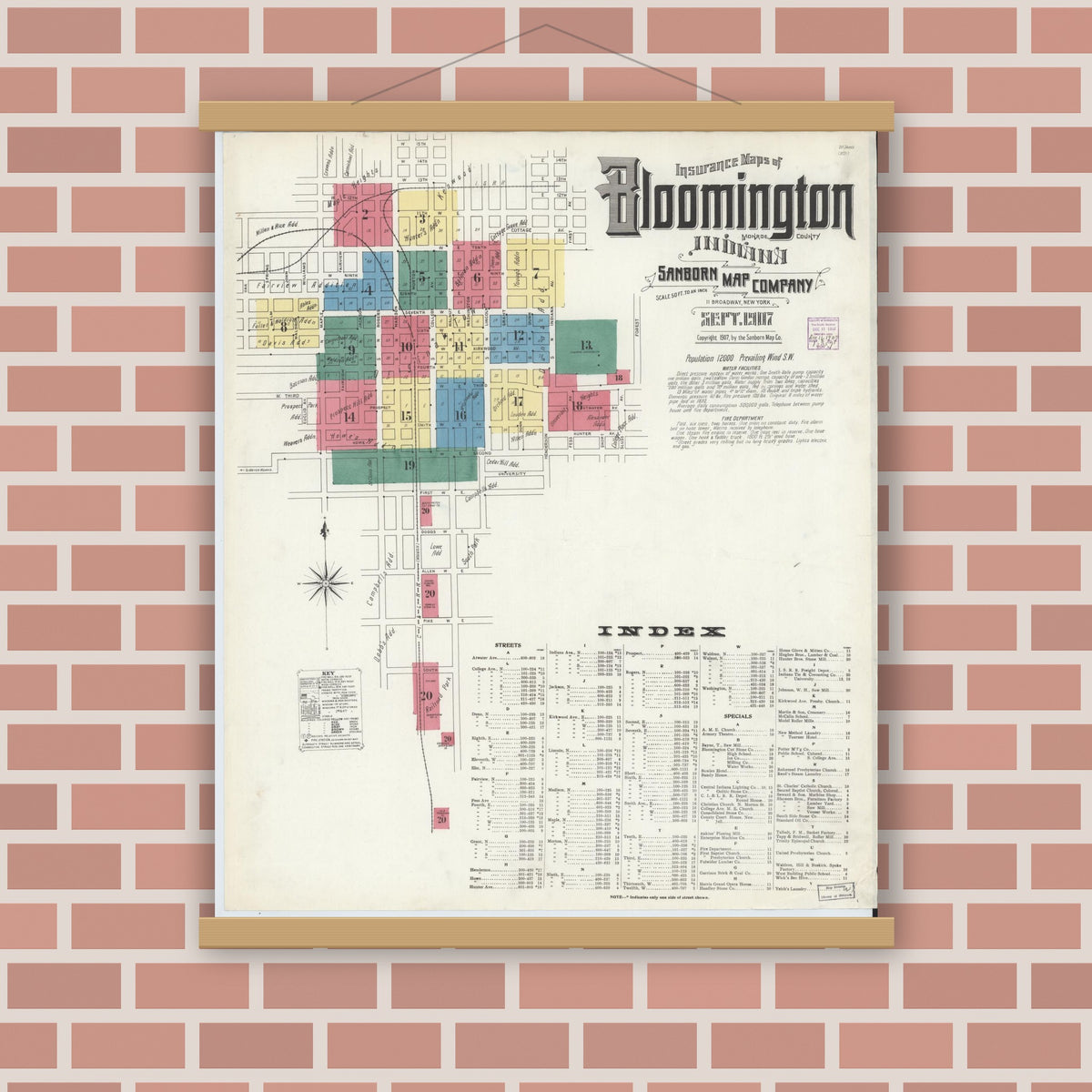 Old map wall art mockup — magnetic wood frame on brick wall — Sanborn Fire Insurance Map from Bloomington, Monroe County, Indiana (1907) - Complete Map Set