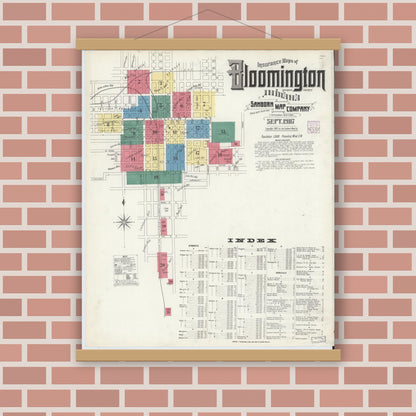 Old map wall art mockup — magnetic wood frame on brick wall — Sanborn Fire Insurance Map from Bloomington, Monroe County, Indiana (1907) - Complete Map Set