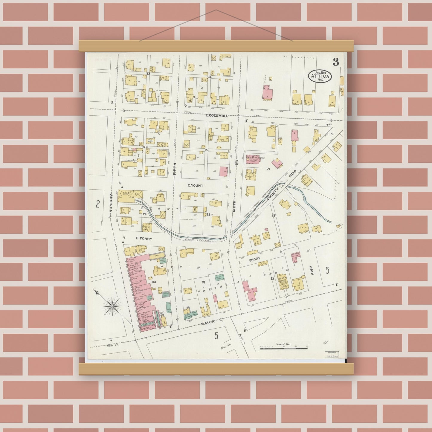 Old map wall art mockup — magnetic wood frame on brick wall — Sanborn Fire Insurance Map from Attica, Fountain County, Indiana (1905), Sheet #0003