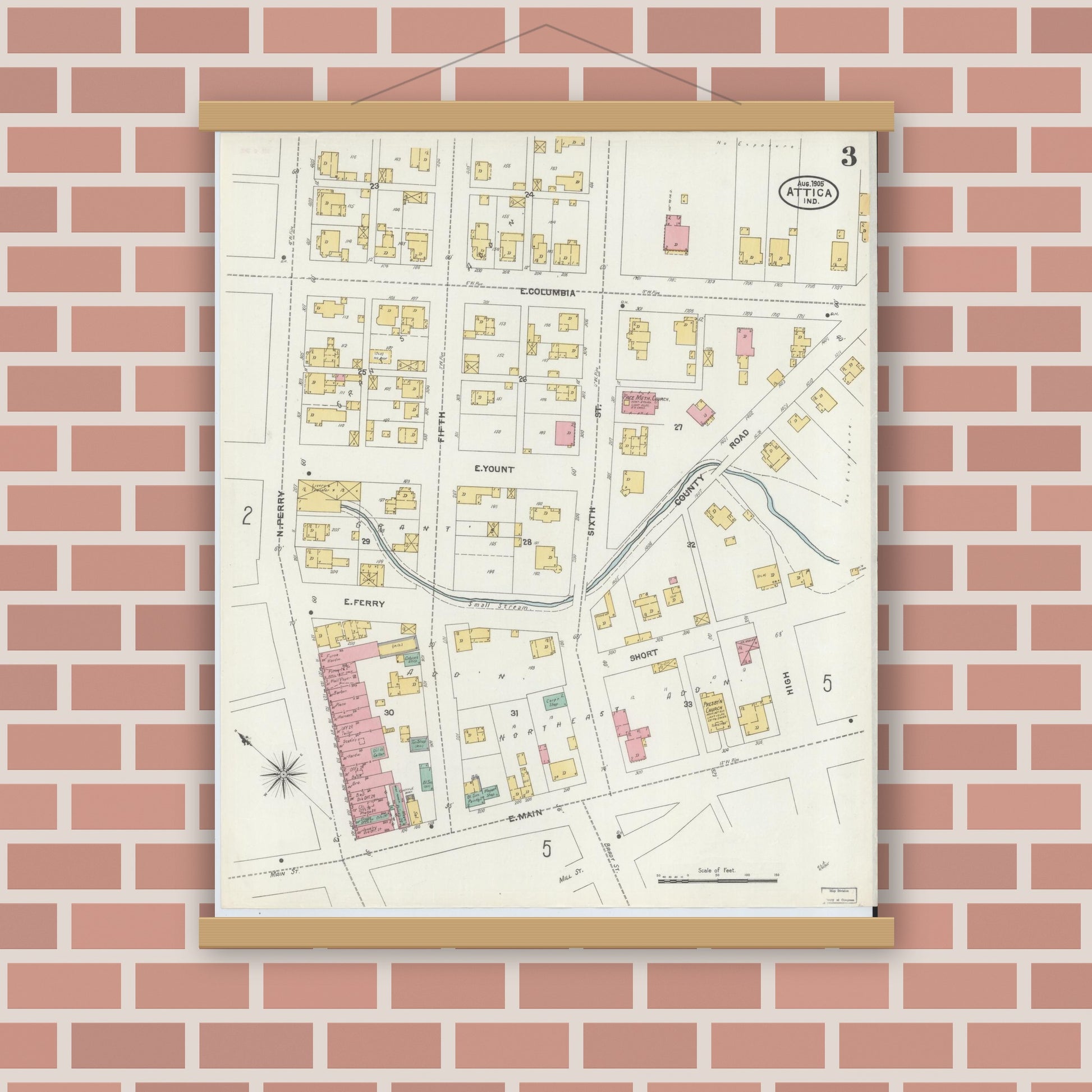 Old map wall art mockup — magnetic wood frame on brick wall — Sanborn Fire Insurance Map from Attica, Fountain County, Indiana (1905), Sheet #0003