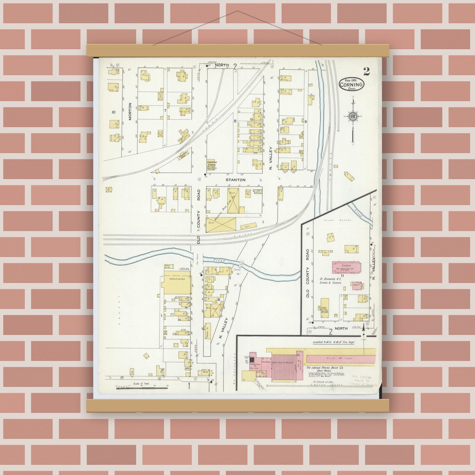 Old map wall art mockup — magnetic wood frame on brick wall — Sanborn Fire Insurance Map from Corning, Perry County, Ohio (1916), Sheet #0002