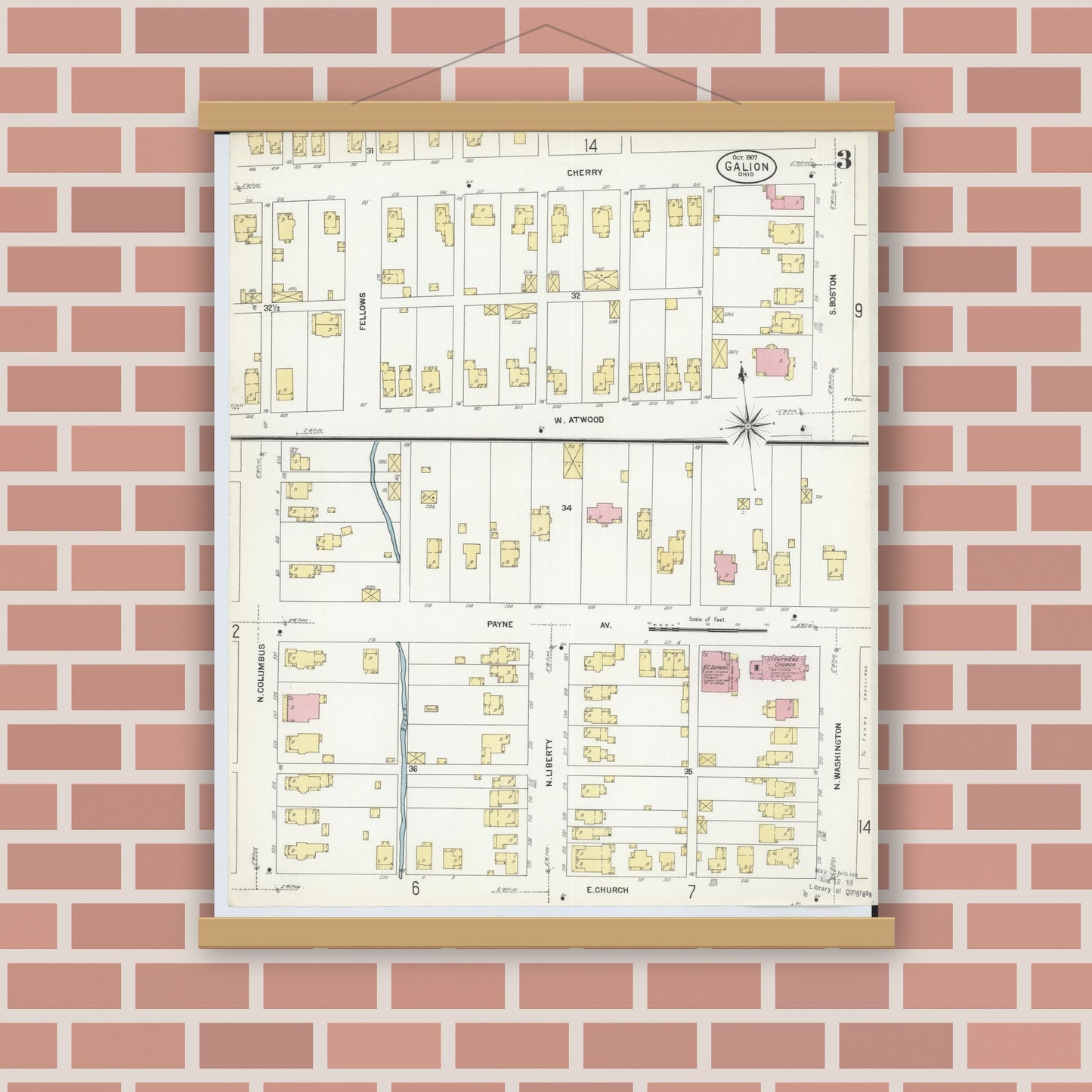 Old map wall art mockup — magnetic wood frame on brick wall — Sanborn Fire Insurance Map from Galion, Crawford County, Ohio (1907), Sheet #0003