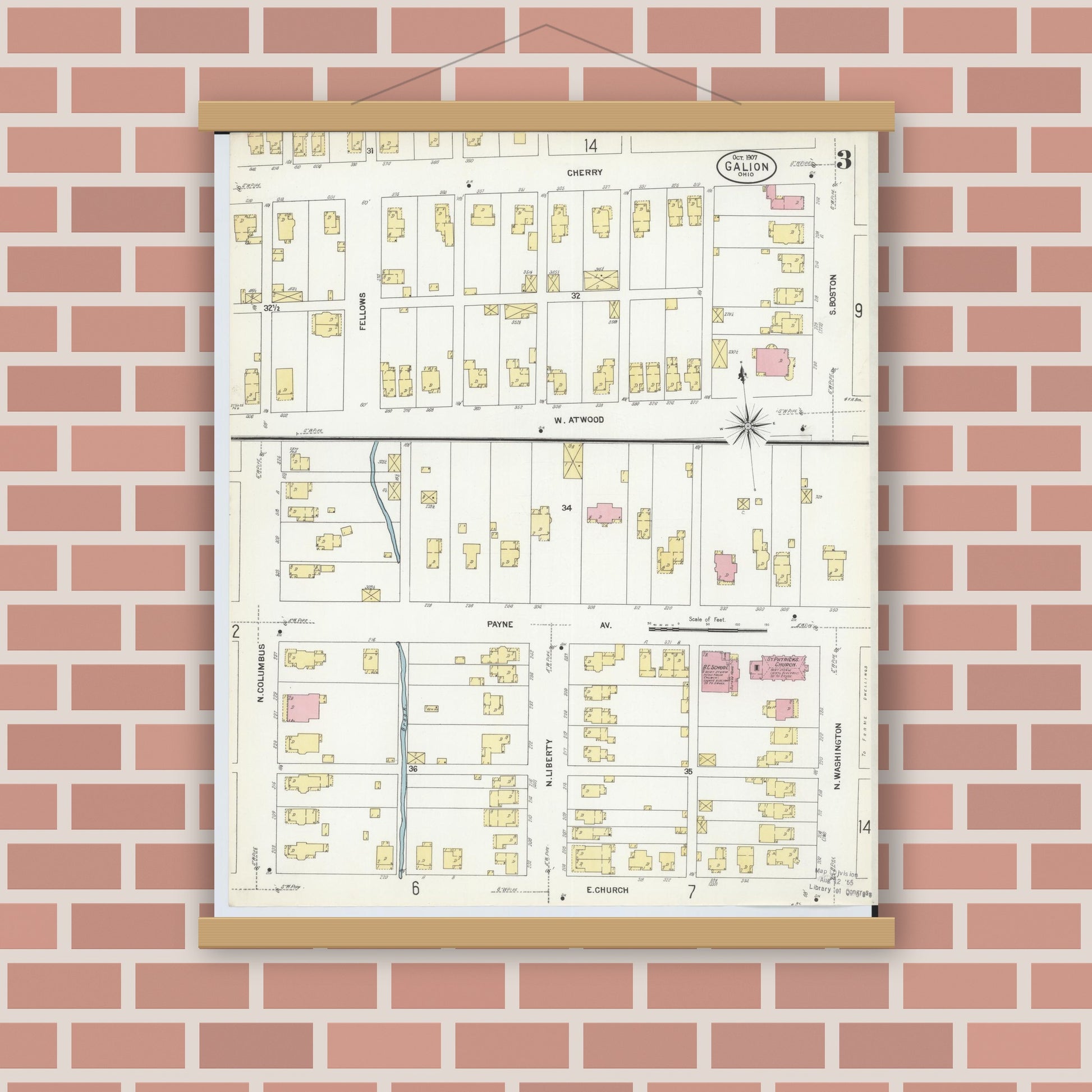Old map wall art mockup — magnetic wood frame on brick wall — Sanborn Fire Insurance Map from Galion, Crawford County, Ohio (1907), Sheet #0003