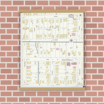 Old map wall art mockup — magnetic wood frame on brick wall — Sanborn Fire Insurance Map from Galion, Crawford County, Ohio (1907), Sheet #0003
