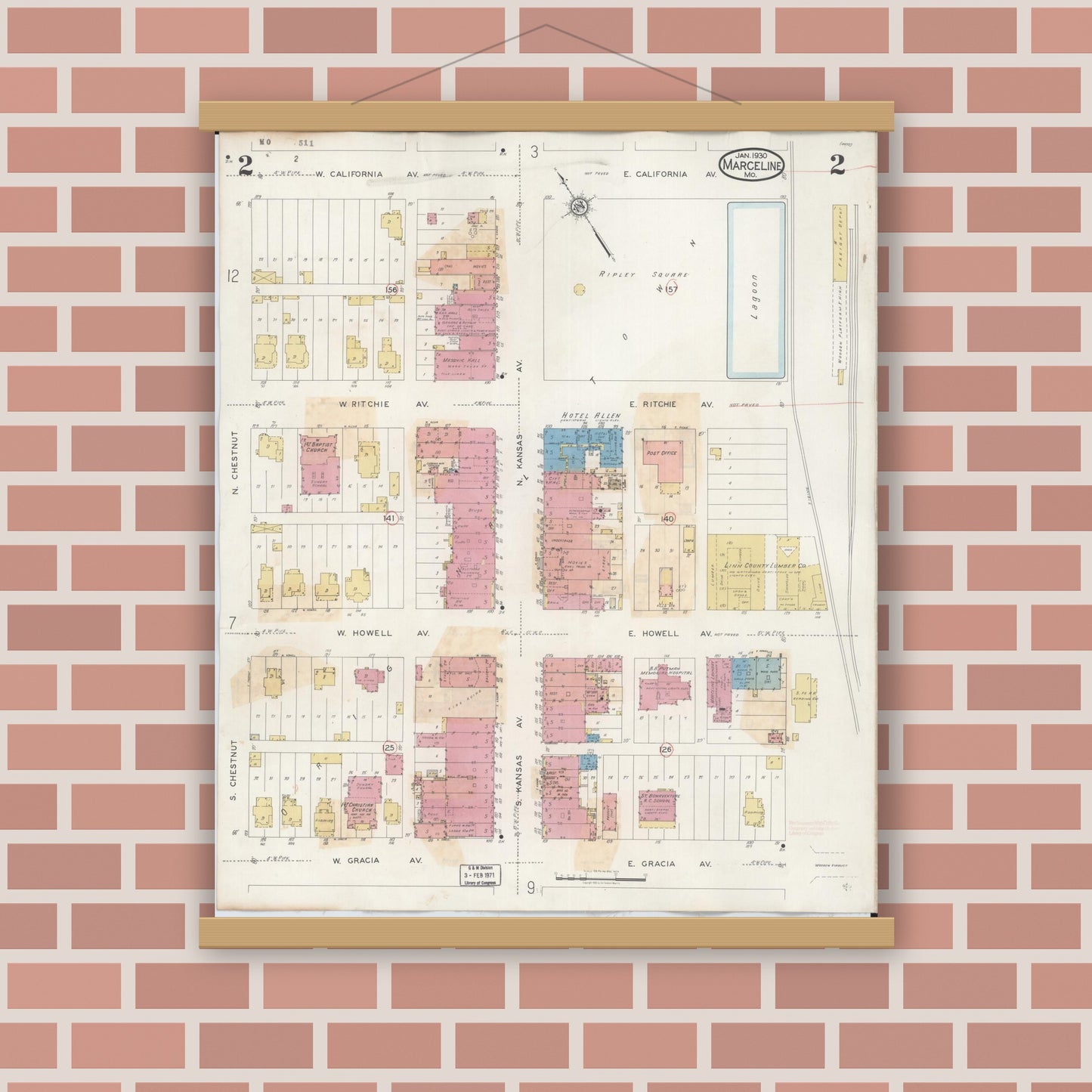 Old map wall art mockup — magnetic wood frame on brick wall — Sanborn Fire Insurance Map from Marceline, Linn County, Missouri (1939), Sheet #0002