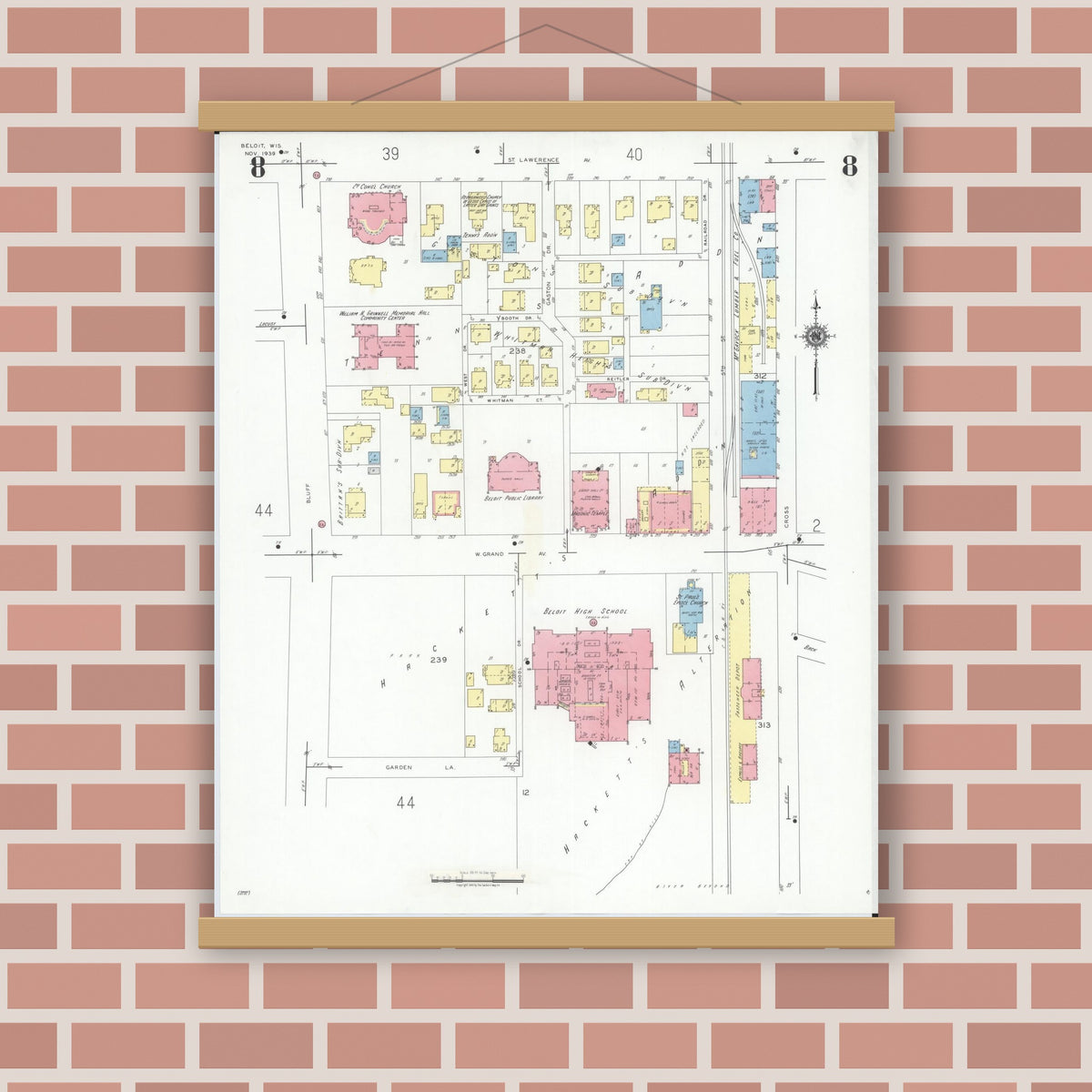 Old map wall art mockup — magnetic wood frame on brick wall — Sanborn Fire Insurance Map from Beloit, Rock County, Wisconsin (1939), Sheet #0008