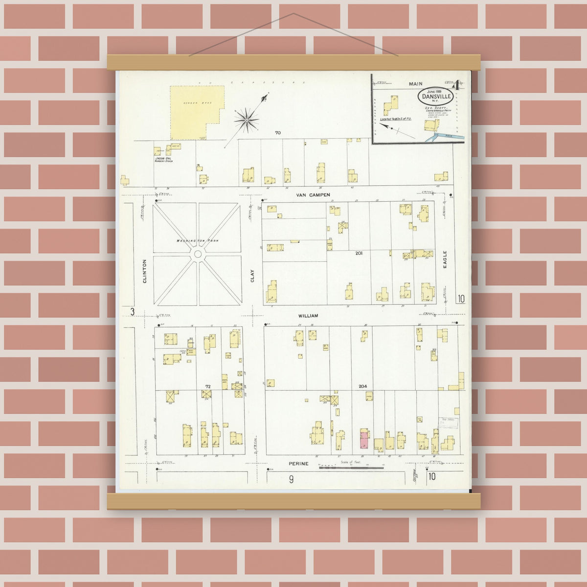 Old map wall art mockup — magnetic wood frame on brick wall — Sanborn Fire Insurance Map from Dansville, Livingston County, New York (1909), Sheet #0004