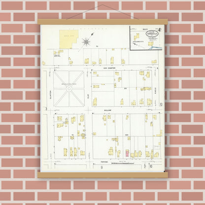 Old map wall art mockup — magnetic wood frame on brick wall — Sanborn Fire Insurance Map from Dansville, Livingston County, New York (1909), Sheet #0004