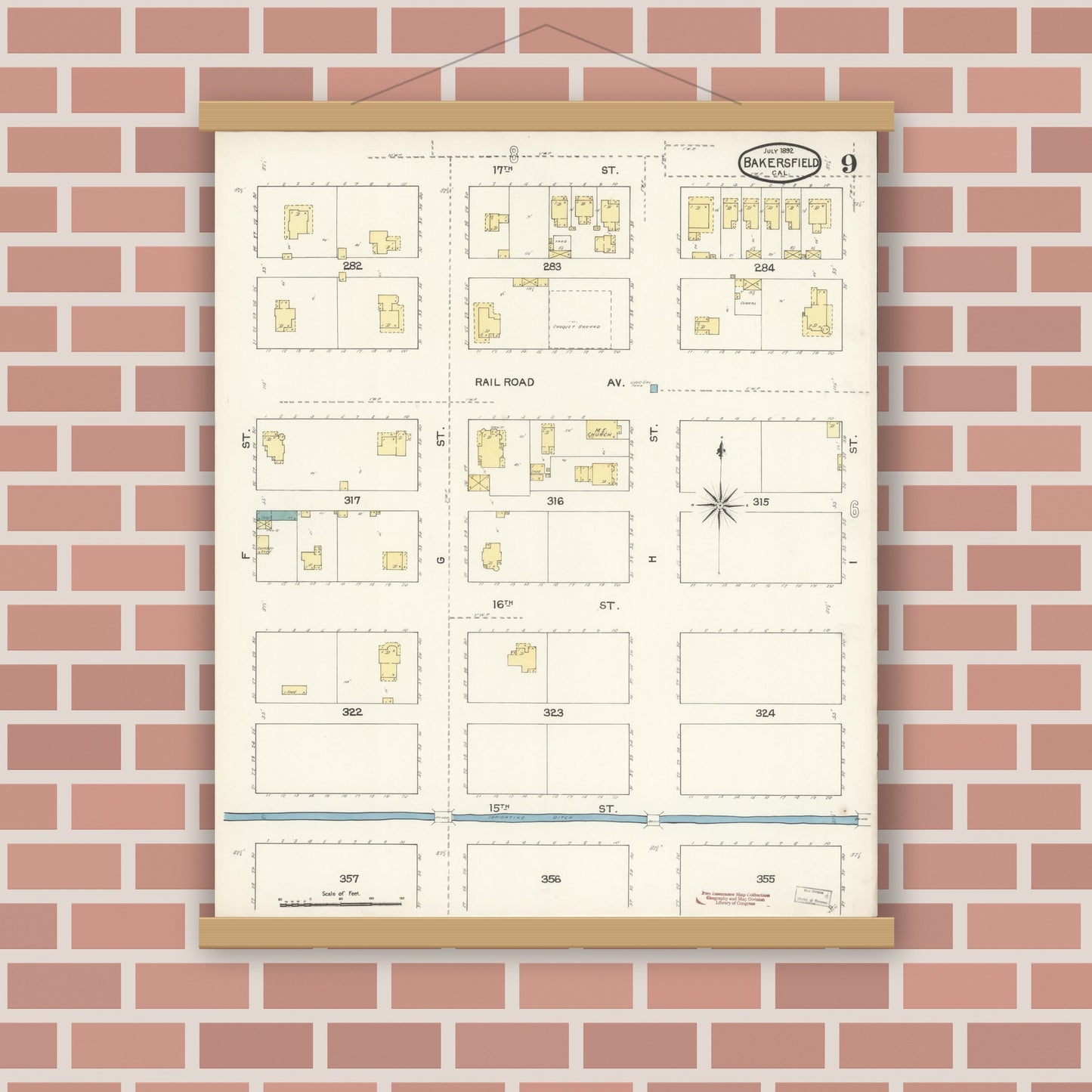 Old map wall art mockup — magnetic wood frame on brick wall — Sanborn Fire Insurance Map from Bakersfield, Kern County, California (1892), Sheet #0009