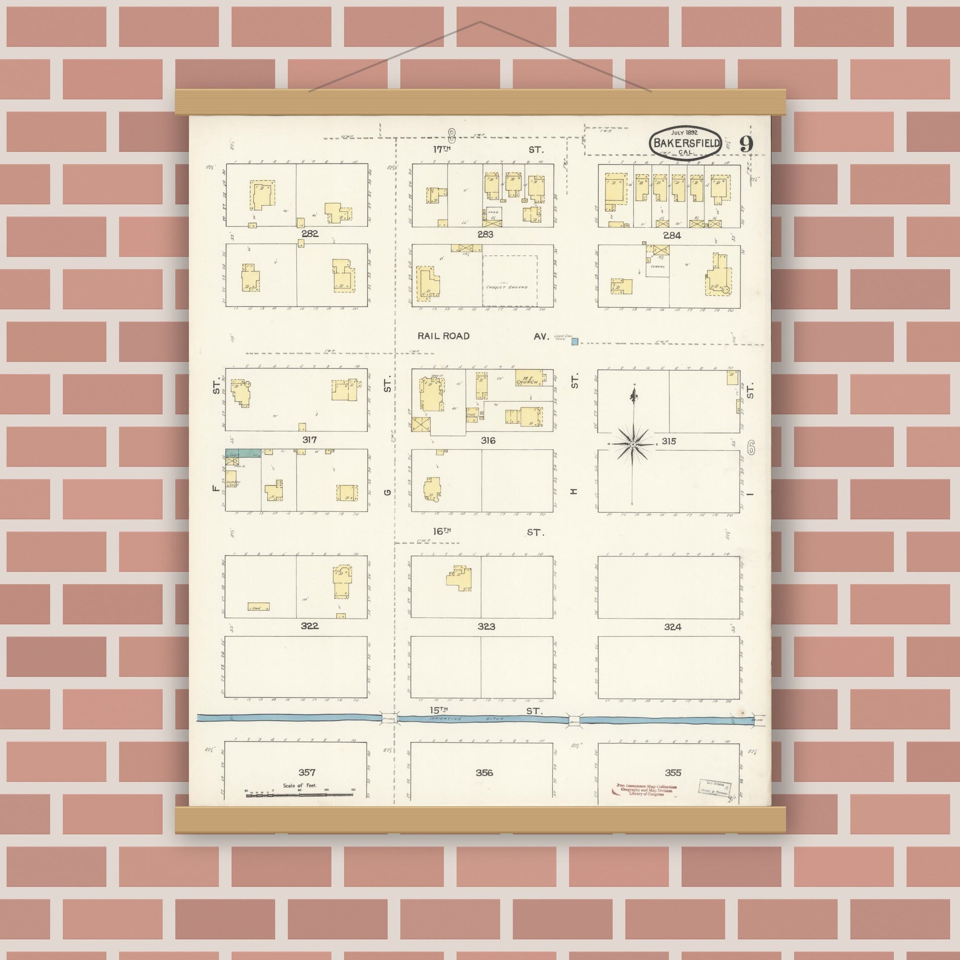 Old map wall art mockup — magnetic wood frame on brick wall — Sanborn Fire Insurance Map from Bakersfield, Kern County, California (1892), Sheet #0009