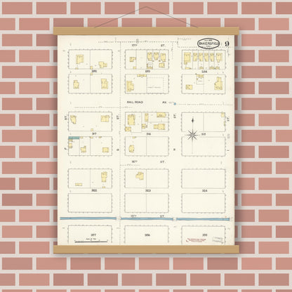 Old map wall art mockup — magnetic wood frame on brick wall — Sanborn Fire Insurance Map from Bakersfield, Kern County, California (1892), Sheet #0009