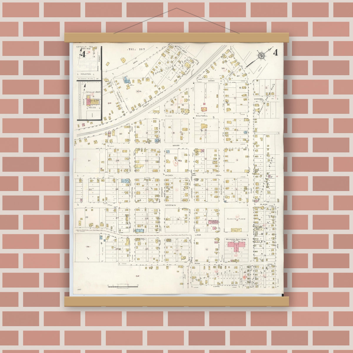 Old map wall art mockup — magnetic wood frame on brick wall — Sanborn Fire Insurance Map from Cotulla, La Salle County, Texas (1948), Sheet #0004