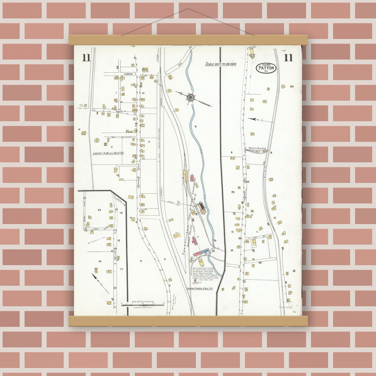 Old map wall art mockup — magnetic wood frame on brick wall — Sanborn Fire Insurance Map from Patton, Cambria County, Pennsylvania (1923), Sheet #0011