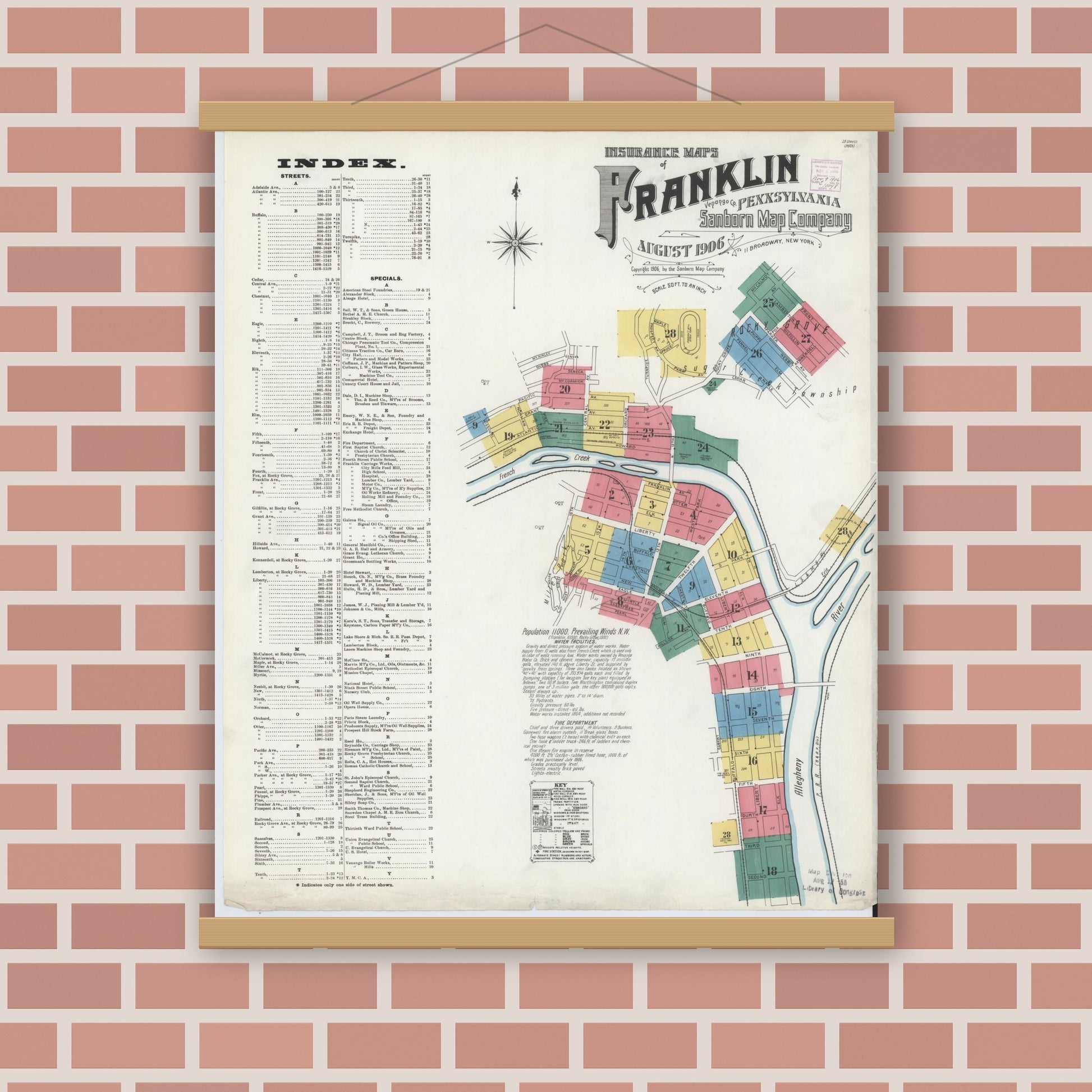 Old map wall art mockup — magnetic wood frame on brick wall — Sanborn Fire Insurance Map from Franklin, Venango County, Pennsylvania (1906) - Complete Map Set