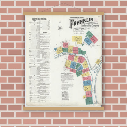 Old map wall art mockup — magnetic wood frame on brick wall — Sanborn Fire Insurance Map from Franklin, Venango County, Pennsylvania (1906) - Complete Map Set