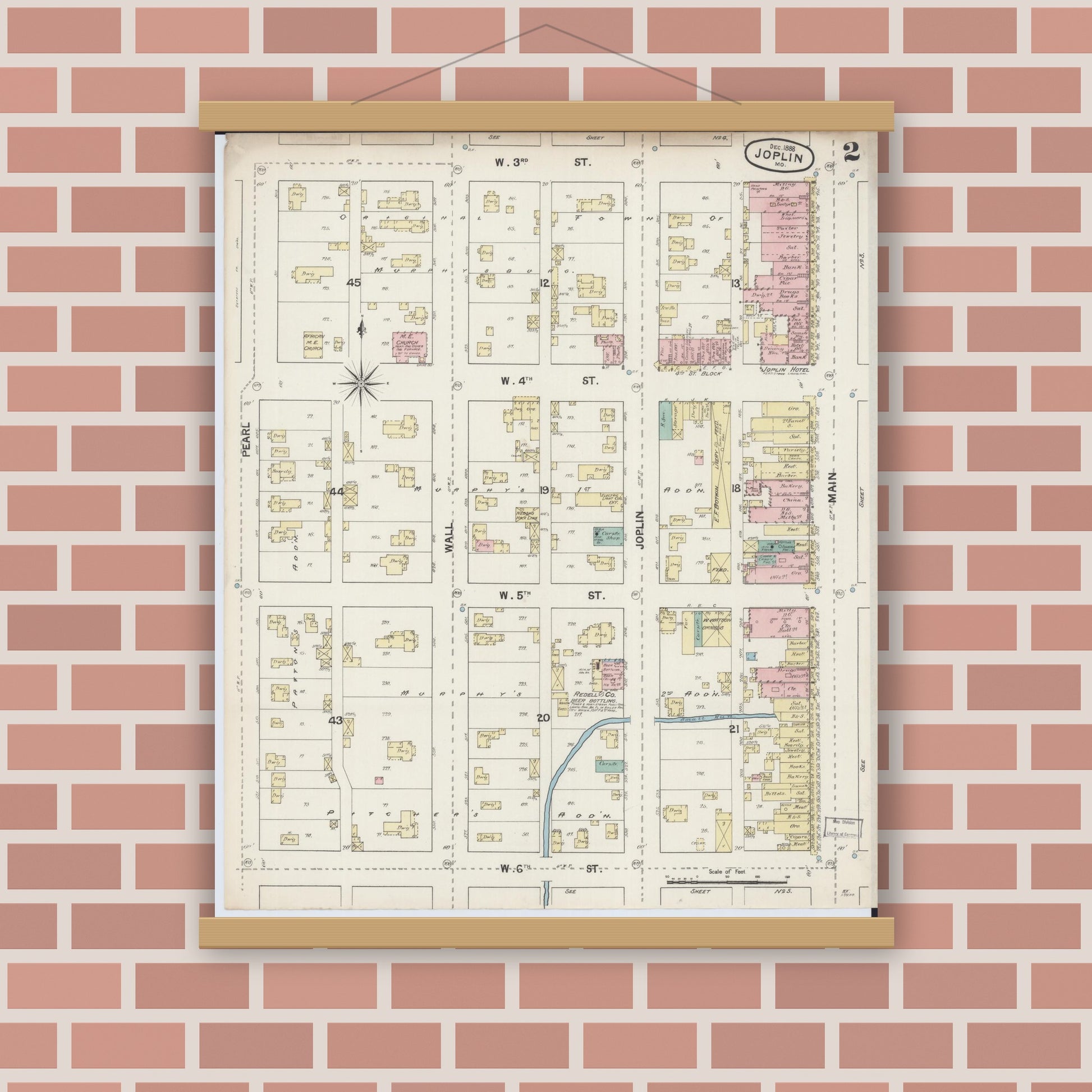 Old map wall art mockup — magnetic wood frame on brick wall — Sanborn Fire Insurance Map from Joplin, Jasper County, Missouri (1888), Sheet #0002