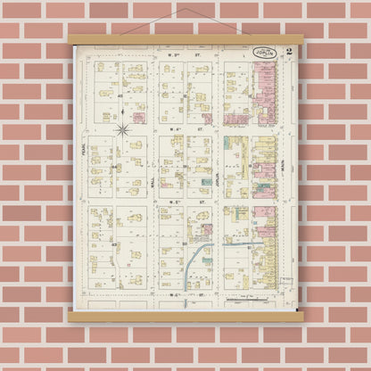 Old map wall art mockup — magnetic wood frame on brick wall — Sanborn Fire Insurance Map from Joplin, Jasper County, Missouri (1888), Sheet #0002