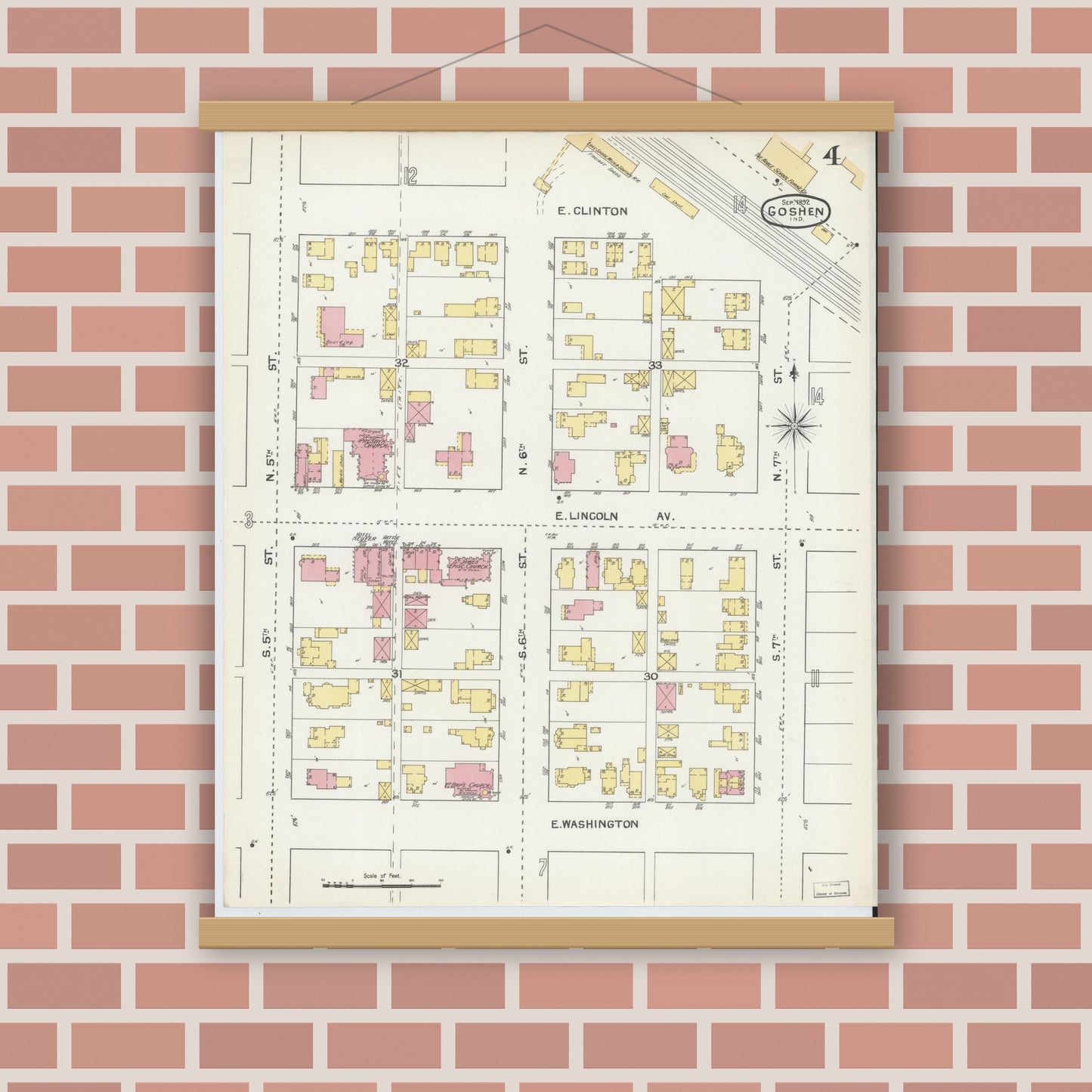 Old map wall art mockup — magnetic wood frame on brick wall — Sanborn Fire Insurance Map from Goshen, Elkhart County, Indiana (1892), Sheet #0004