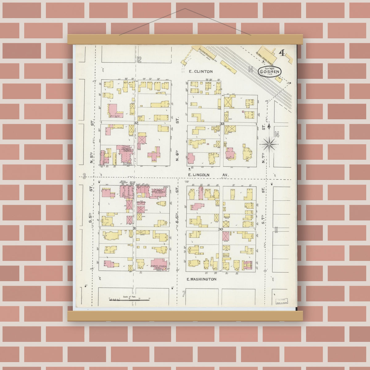 Old map wall art mockup — magnetic wood frame on brick wall — Sanborn Fire Insurance Map from Goshen, Elkhart County, Indiana (1892), Sheet #0004