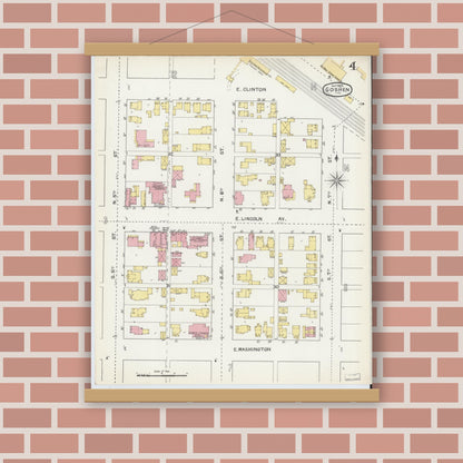 Old map wall art mockup — magnetic wood frame on brick wall — Sanborn Fire Insurance Map from Goshen, Elkhart County, Indiana (1892), Sheet #0004