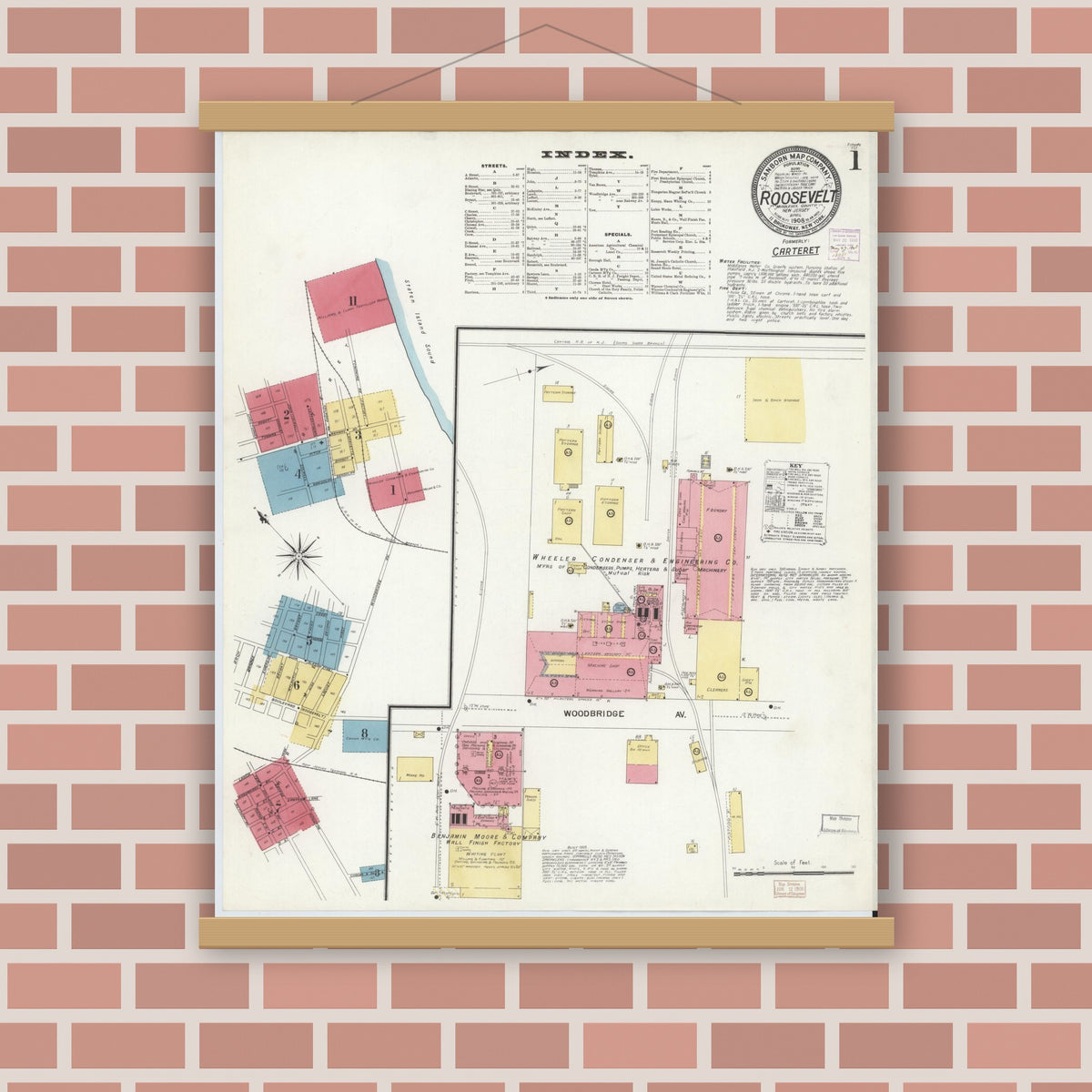 Old map wall art mockup — magnetic wood frame on brick wall — Sanborn Fire Insurance Map from Roosevelt, Middlesex County, New Jersey (1908) - Complete Map Set