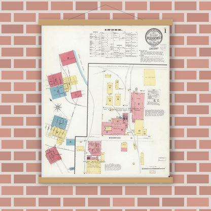 Old map wall art mockup — magnetic wood frame on brick wall — Sanborn Fire Insurance Map from Roosevelt, Middlesex County, New Jersey (1908) - Complete Map Set