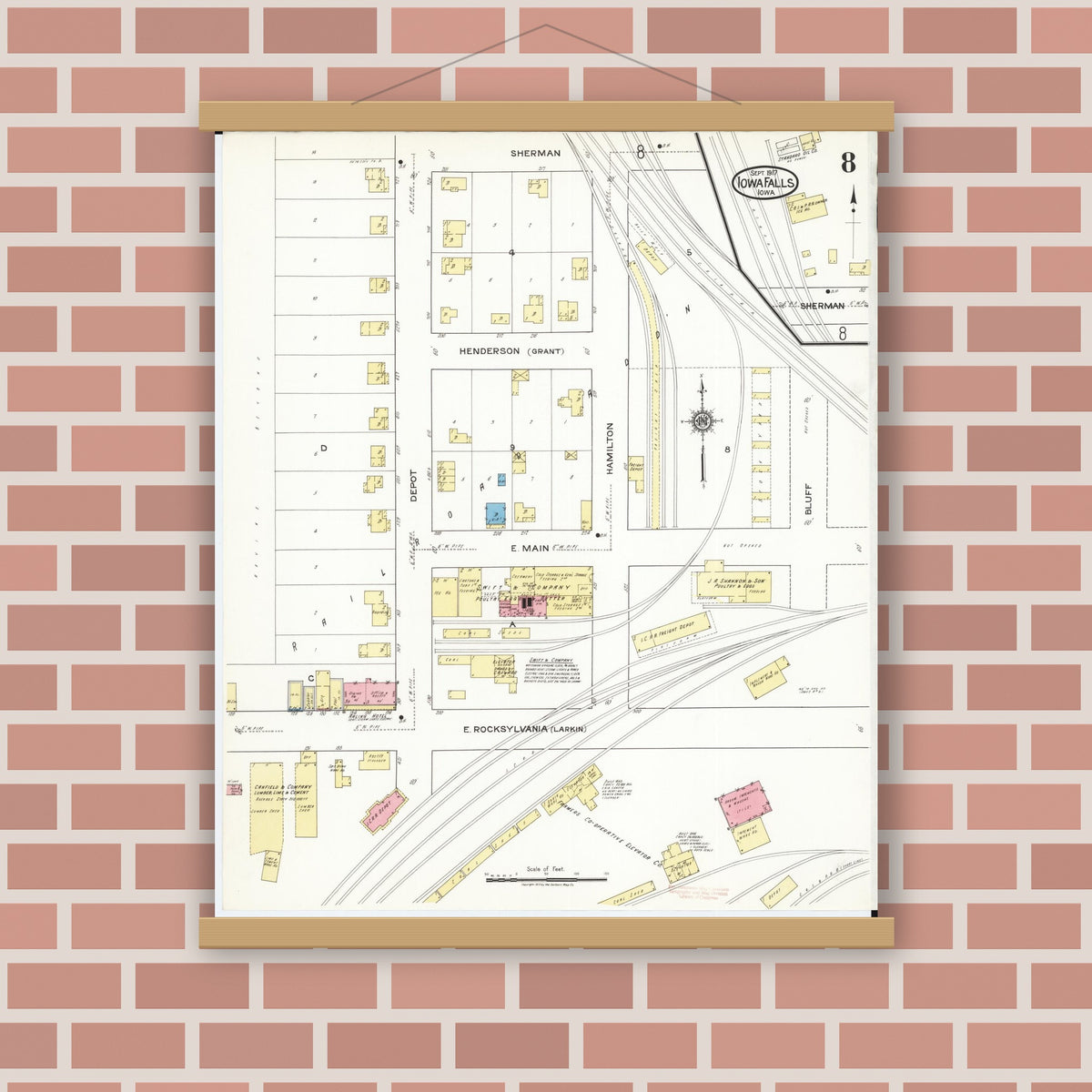 Old map wall art mockup — magnetic wood frame on brick wall — Sanborn Fire Insurance Map from Iowa Falls, Hardin County, Iowa (1917), Sheet #0008