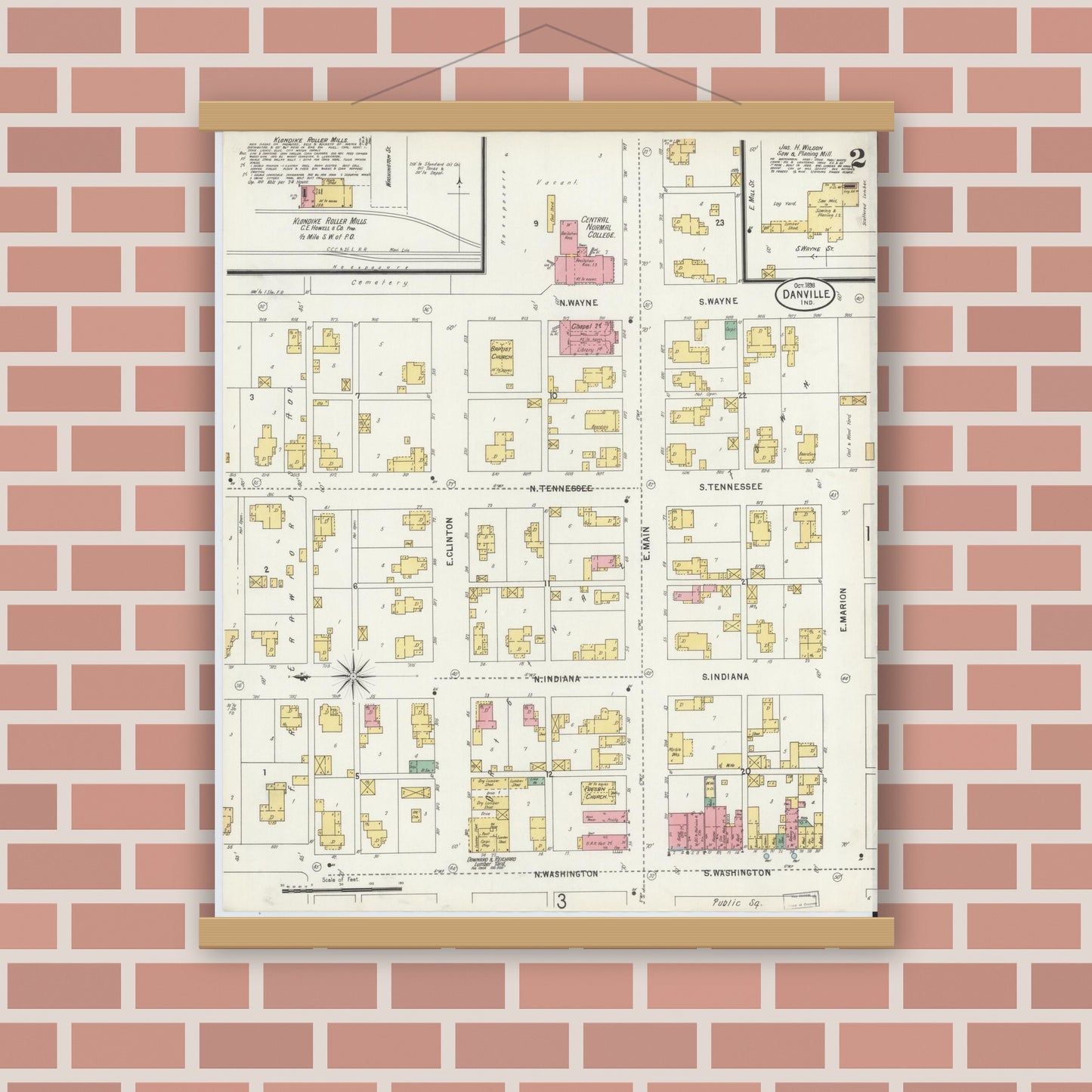Old map wall art mockup — magnetic wood frame on brick wall — Sanborn Fire Insurance Map from Danville, Hendricks County, Indiana (1898), Sheet #0002
