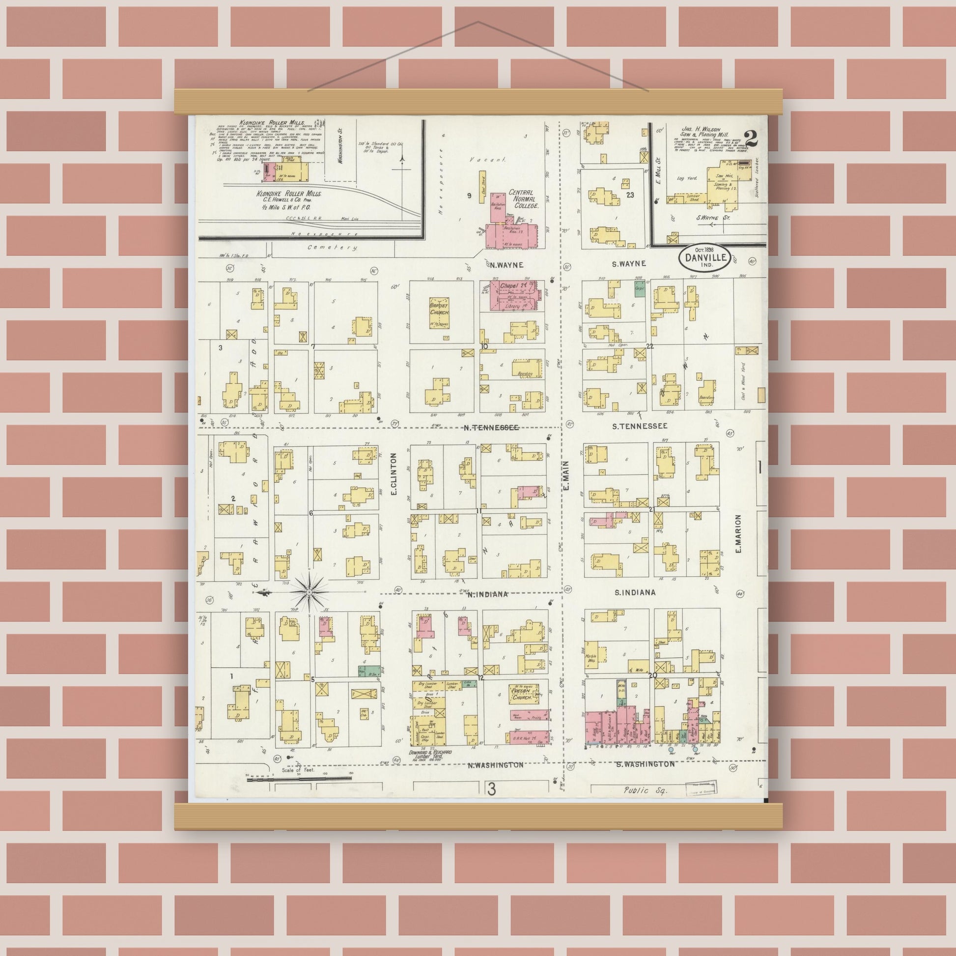 Old map wall art mockup — magnetic wood frame on brick wall — Sanborn Fire Insurance Map from Danville, Hendricks County, Indiana (1898), Sheet #0002