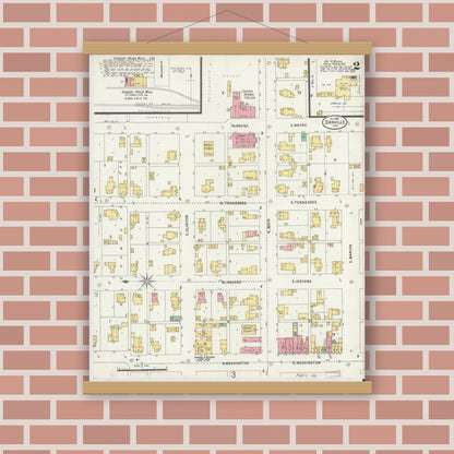 Old map wall art mockup — magnetic wood frame on brick wall — Sanborn Fire Insurance Map from Danville, Hendricks County, Indiana (1898), Sheet #0002