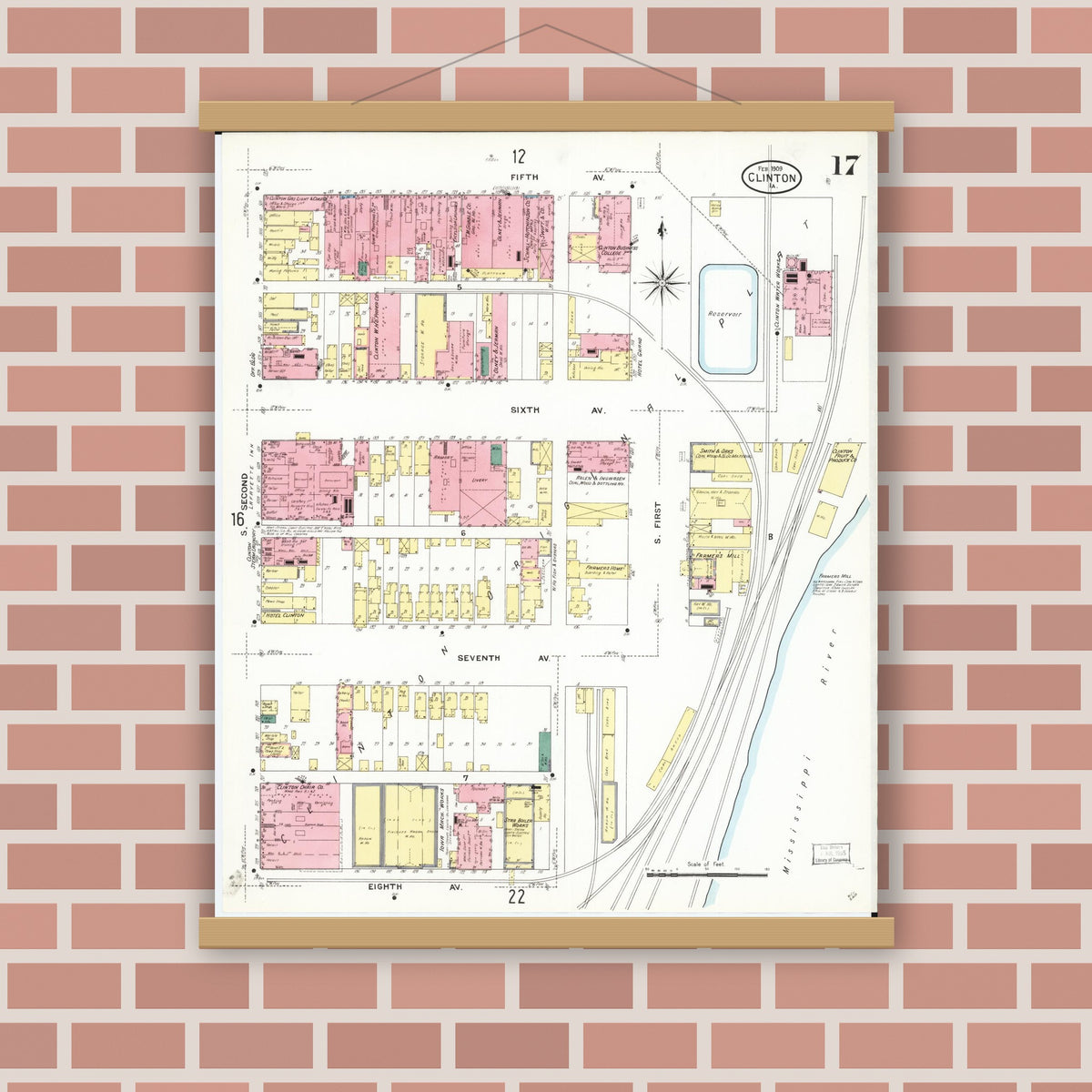 Old map wall art mockup — magnetic wood frame on brick wall — Sanborn Fire Insurance Map from Clinton, Clinton County, Iowa (1909), Sheet #0017